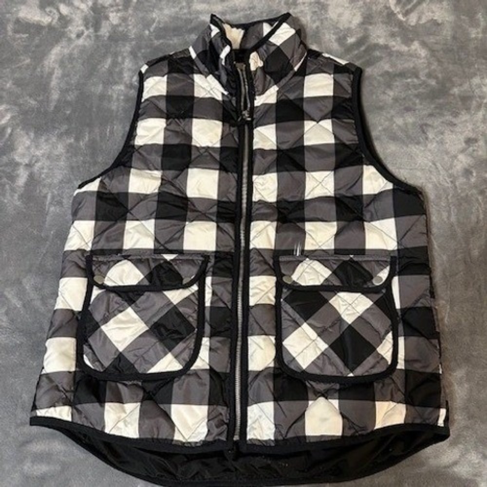Woolrich Womens Buffalo Plaid Quilted Down Vest Black White Grey Large 4359